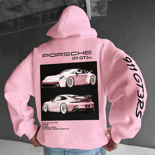 Hoodie met sportautoprint – Rugdesign met typografie en mouwopdruk