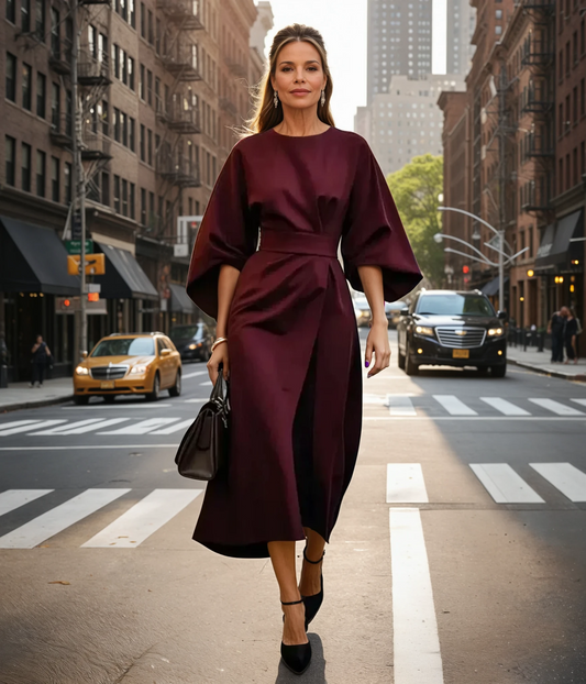 Maelina | Midi-Jurk met Lantaarnmouwen en Elegante Tailleceintuur