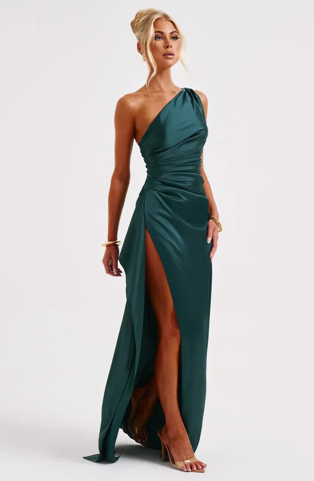 IRINA | Satijnen One-Shoulder Splitjurk voor Speciale Gelegenheden
