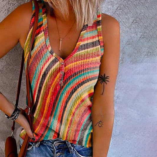 SOLÉNA | Regenboog Gestreepte Tanktop met Knopen