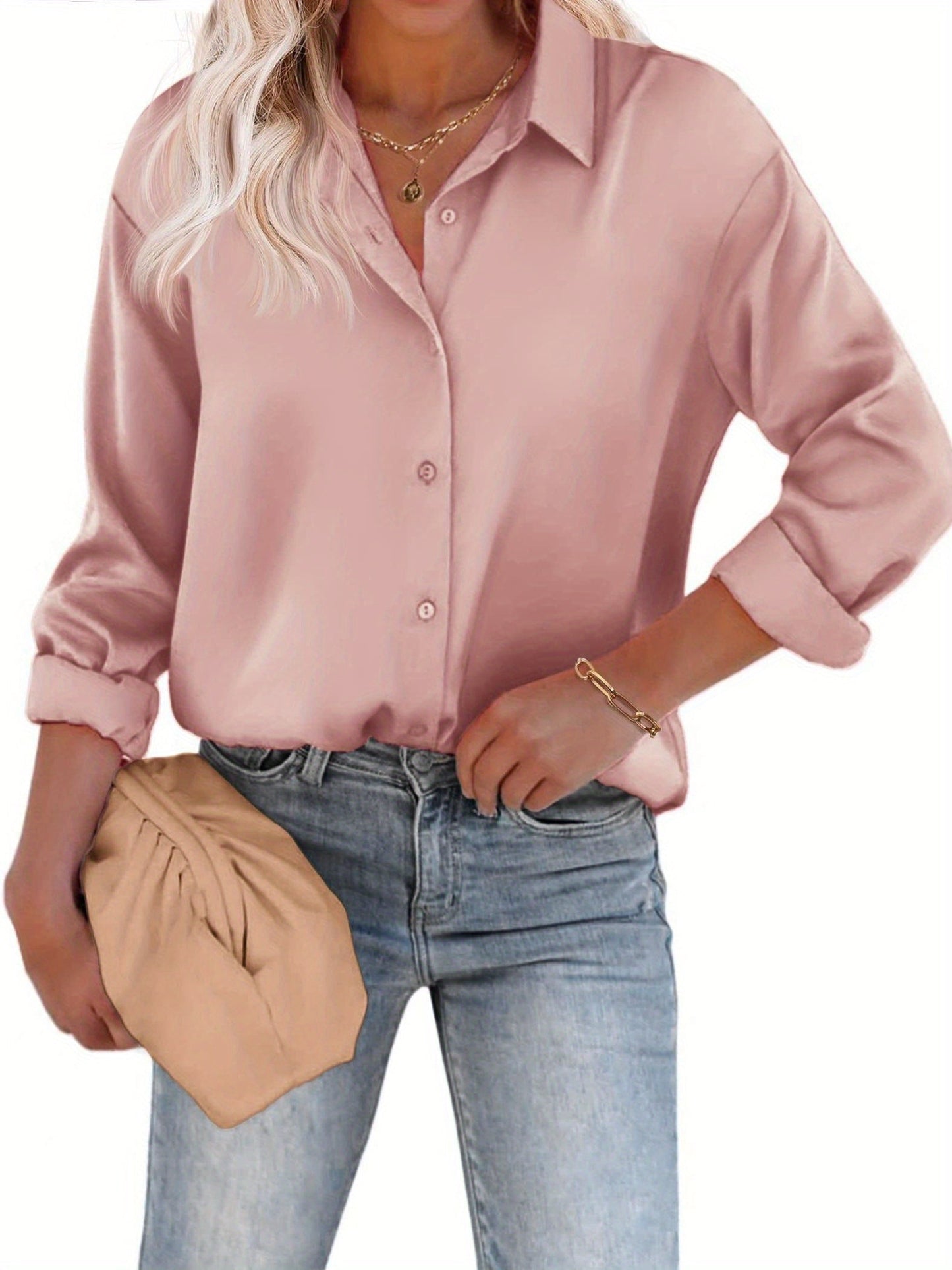 Esthere | Casual Satijnen Blouse met Knoopsluiting en Lange Mouwen