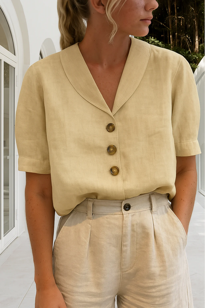 ARVINA | Dames blouse met sjaalkraag – Korte mouwen en knoopsluiting vooraan