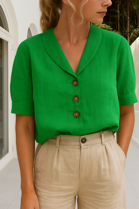 MIREYA | Casual Linnen-Katoen T-shirt met Knoopdetails
