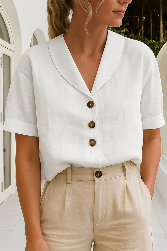 MIREYA | Casual Linnen-Katoen T-shirt met Knoopdetails