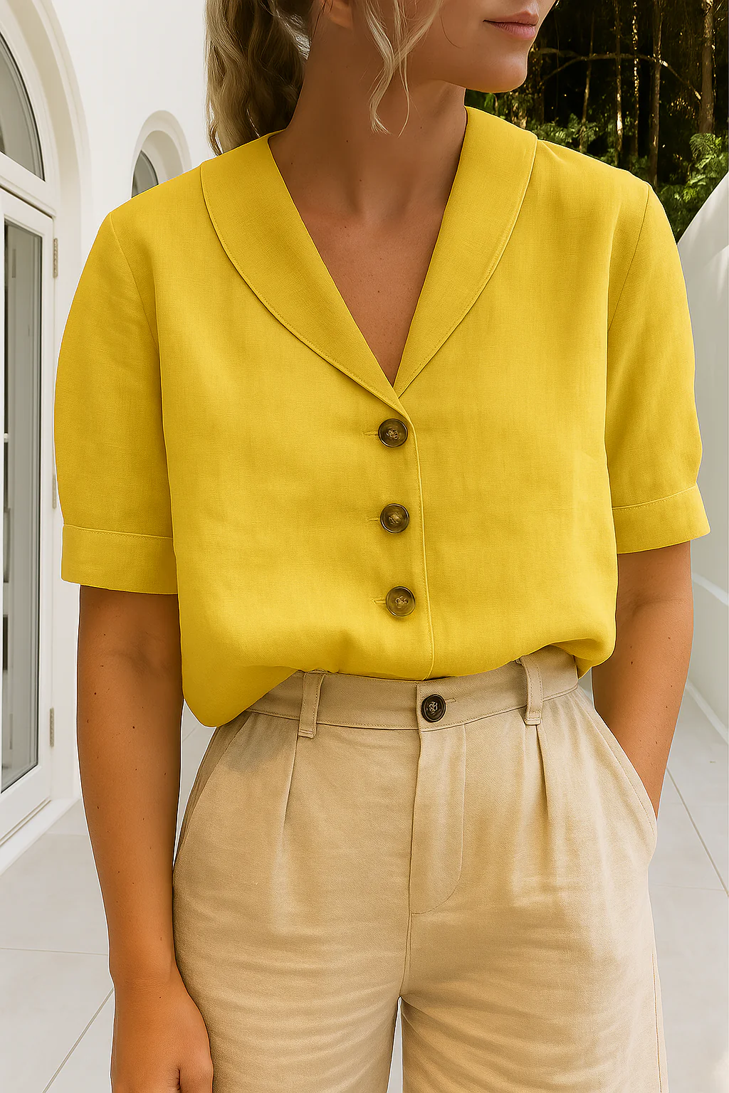 ARVINA | Dames blouse met sjaalkraag – Korte mouwen en knoopsluiting vooraan