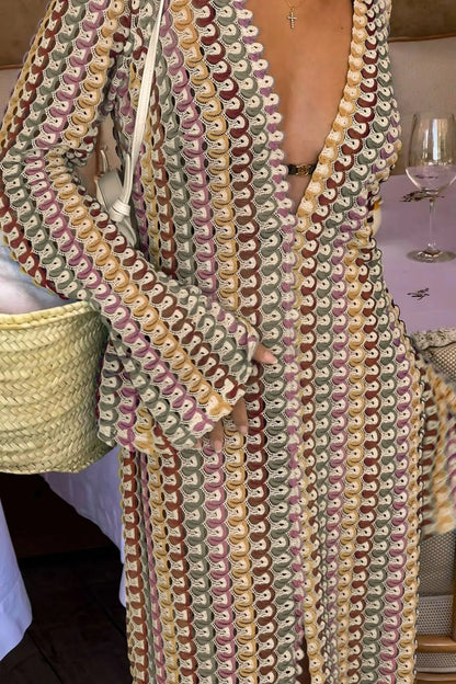 Sunset Spirit – Kleurrijke Gehaakte Maxi Jurk met Split