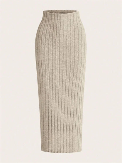 SYRENE | Ribgebreide midi kokerrok met hoge taille