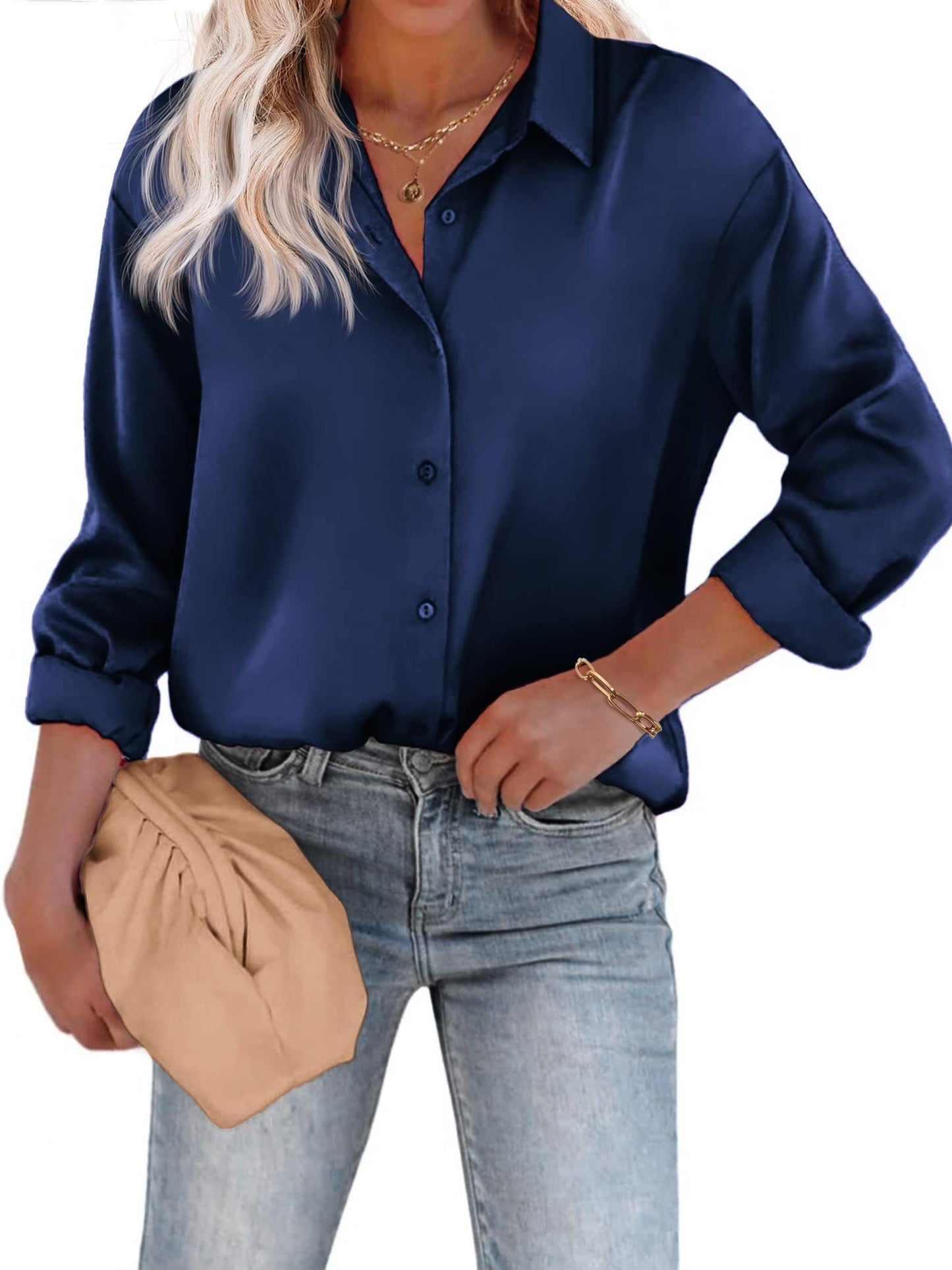 Esthere | Casual Satijnen Blouse met Knoopsluiting en Lange Mouwen