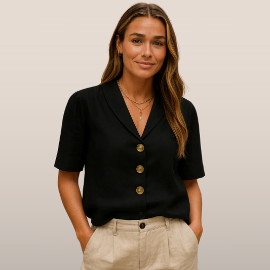 ARVINA | Dames blouse met sjaalkraag – Korte mouwen en knoopsluiting vooraan