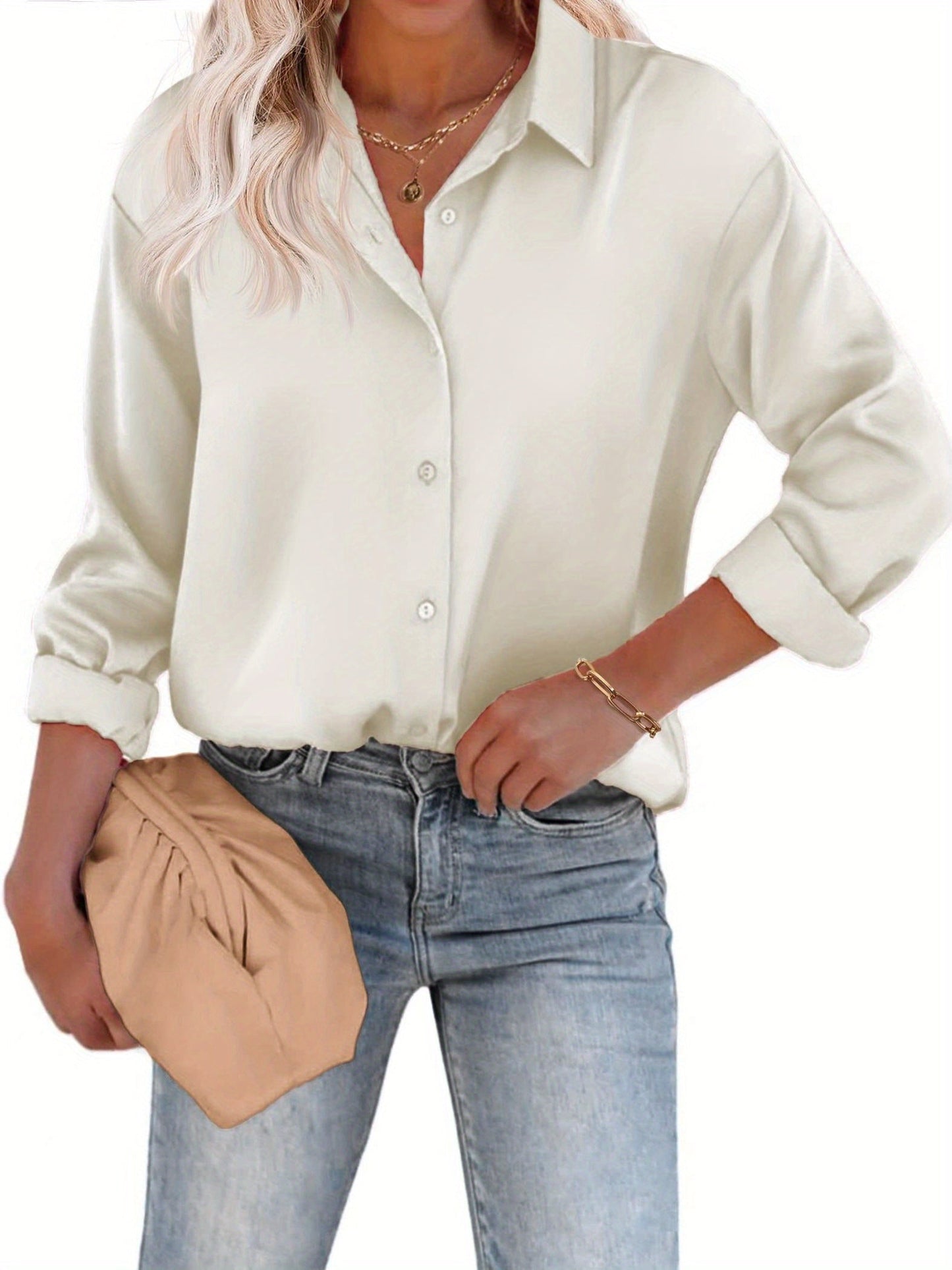Esthere | Casual Satijnen Blouse met Knoopsluiting en Lange Mouwen