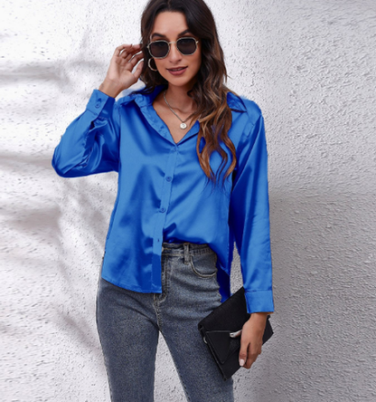 Esthere | Casual Satijnen Blouse met Knoopsluiting en Lange Mouwen